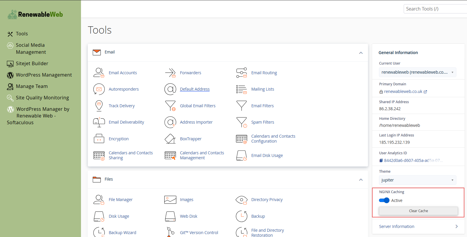 Main cPanel overview with nginx highlighted